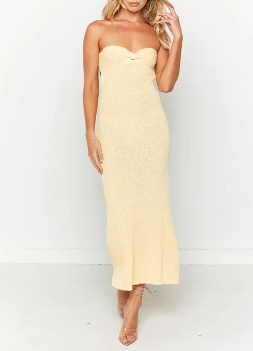Bow Back Strapless Knit Midi Dress - Yellow - 5