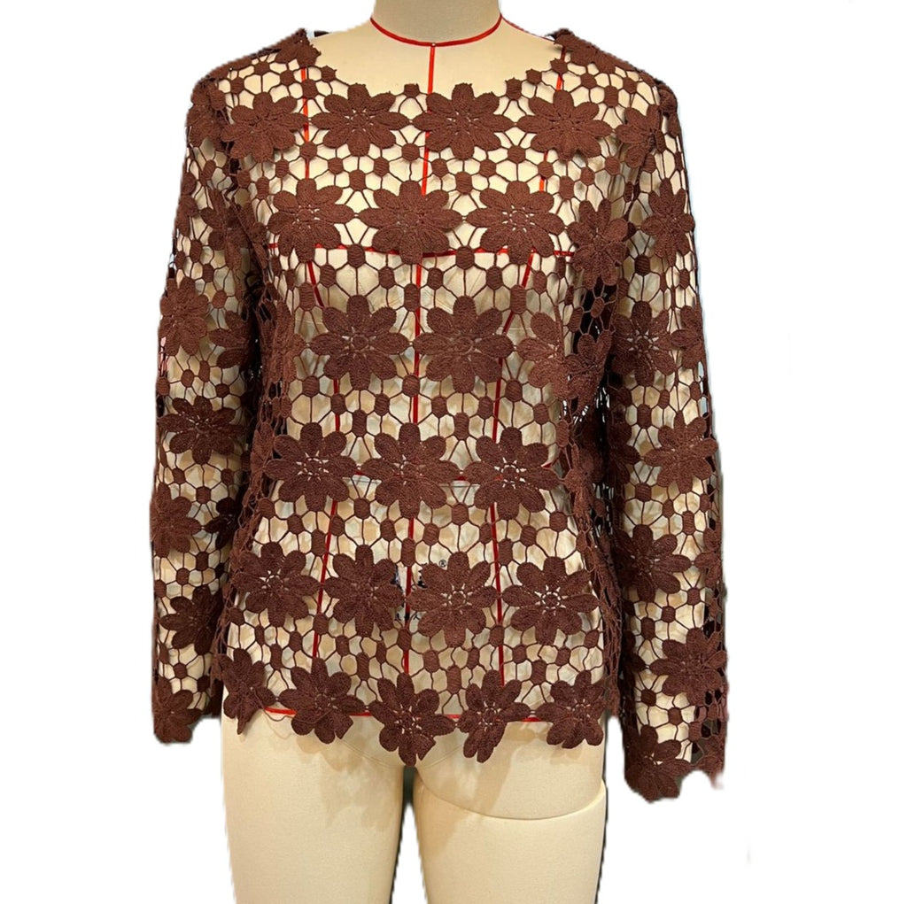 Floral Crochet Lace Long Sleeve Blouse - Brown