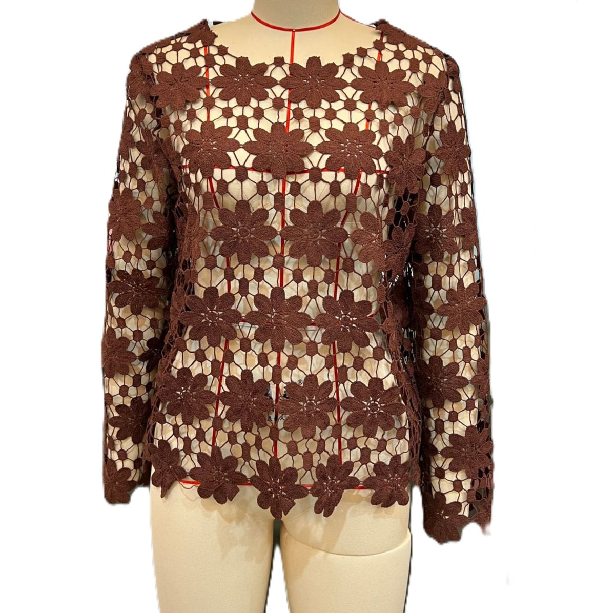 Floral Crochet Lace Long Sleeve Blouse - Brown