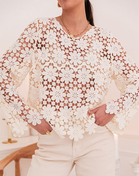 Floral Crochet Lace Long Sleeve Blouse - White