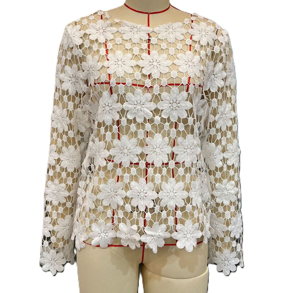 Floral Crochet Lace Long Sleeve Blouse - White - 1