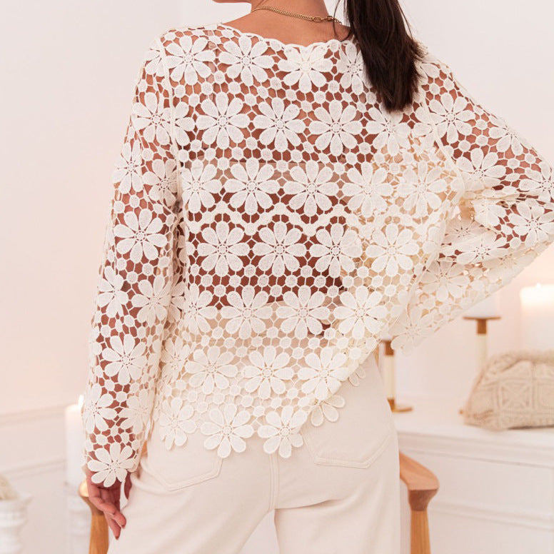 Floral Crochet Lace Long Sleeve Blouse - White - 2