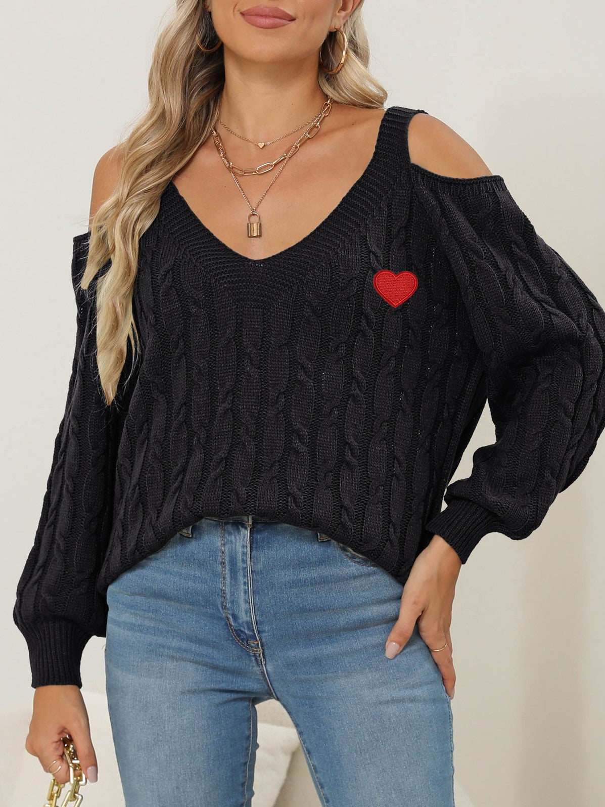 Embroidered Heart Cold Shoulder Cable Sweater - Black