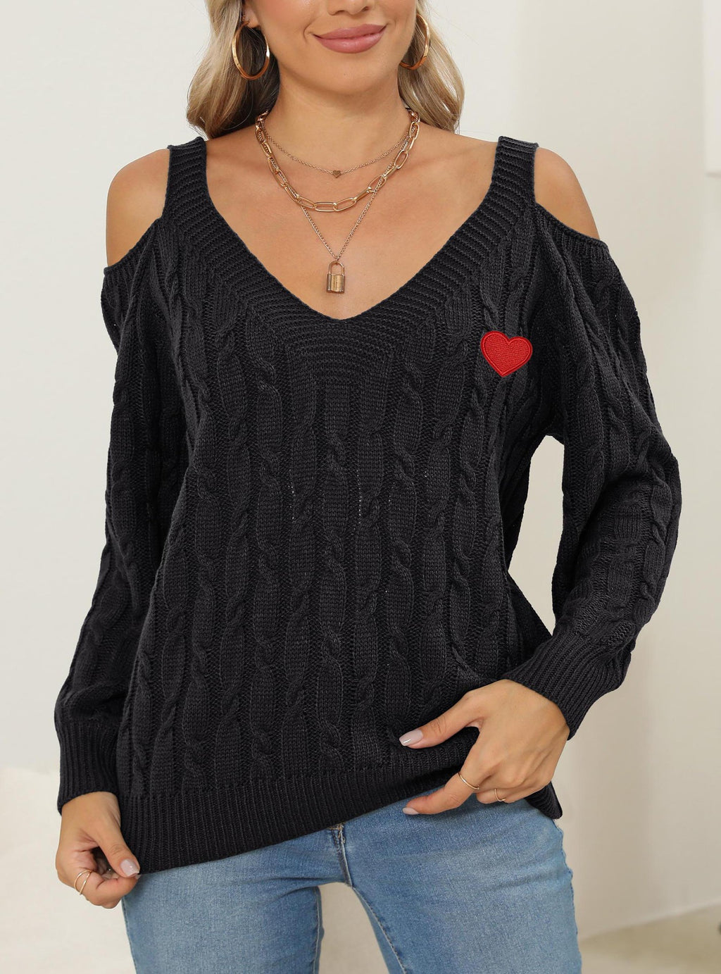 Embroidered Heart Cold Shoulder Cable Sweater - Black - 1