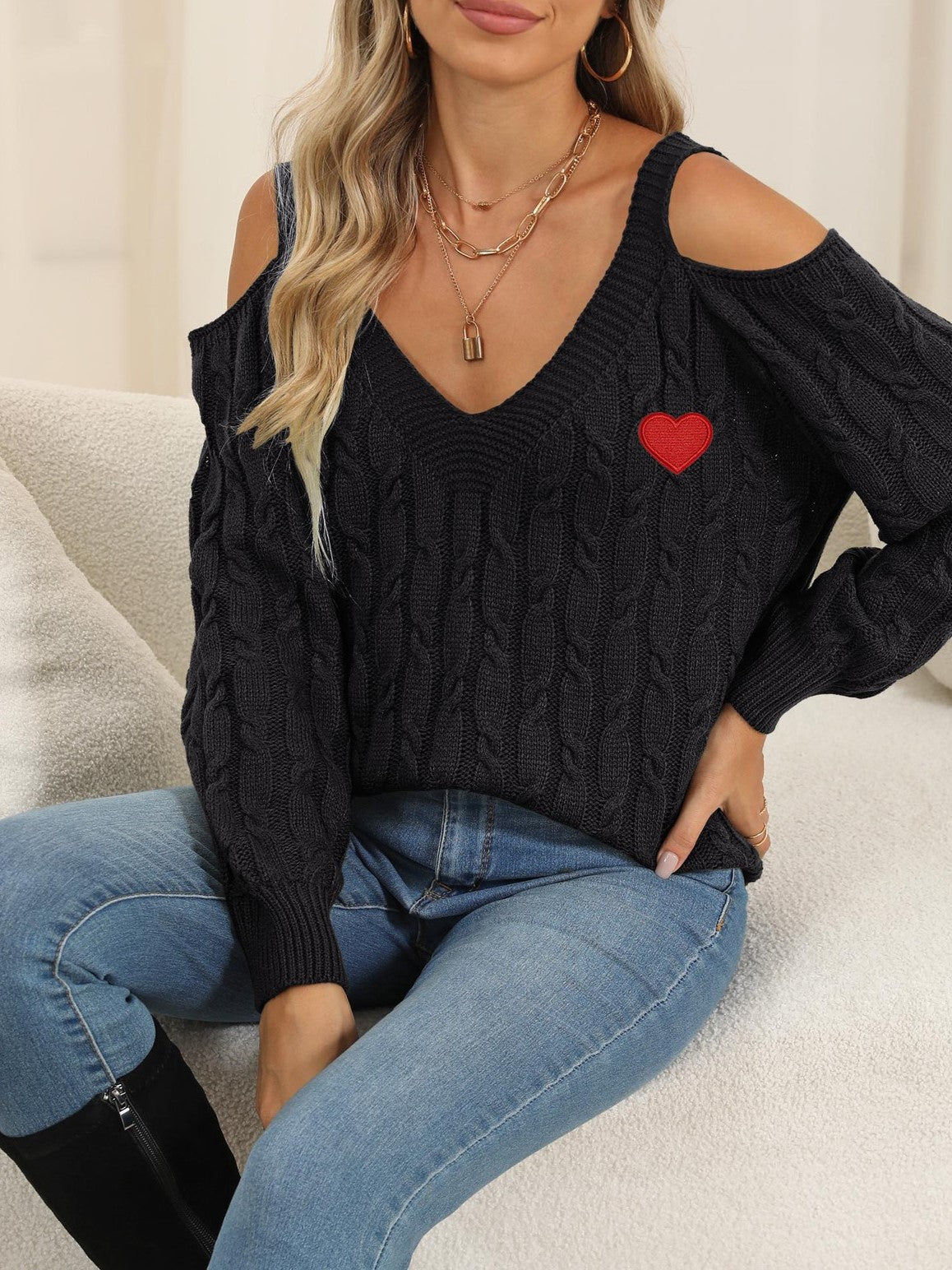 Embroidered Heart Cold Shoulder Cable Sweater - Black - 2