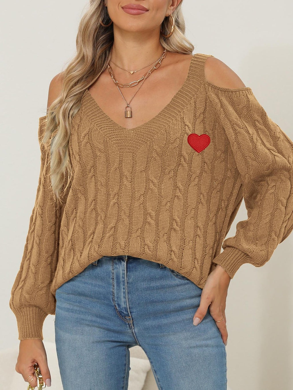 Embroidered Heart Cold Shoulder Cable Sweater - Khaki - 1