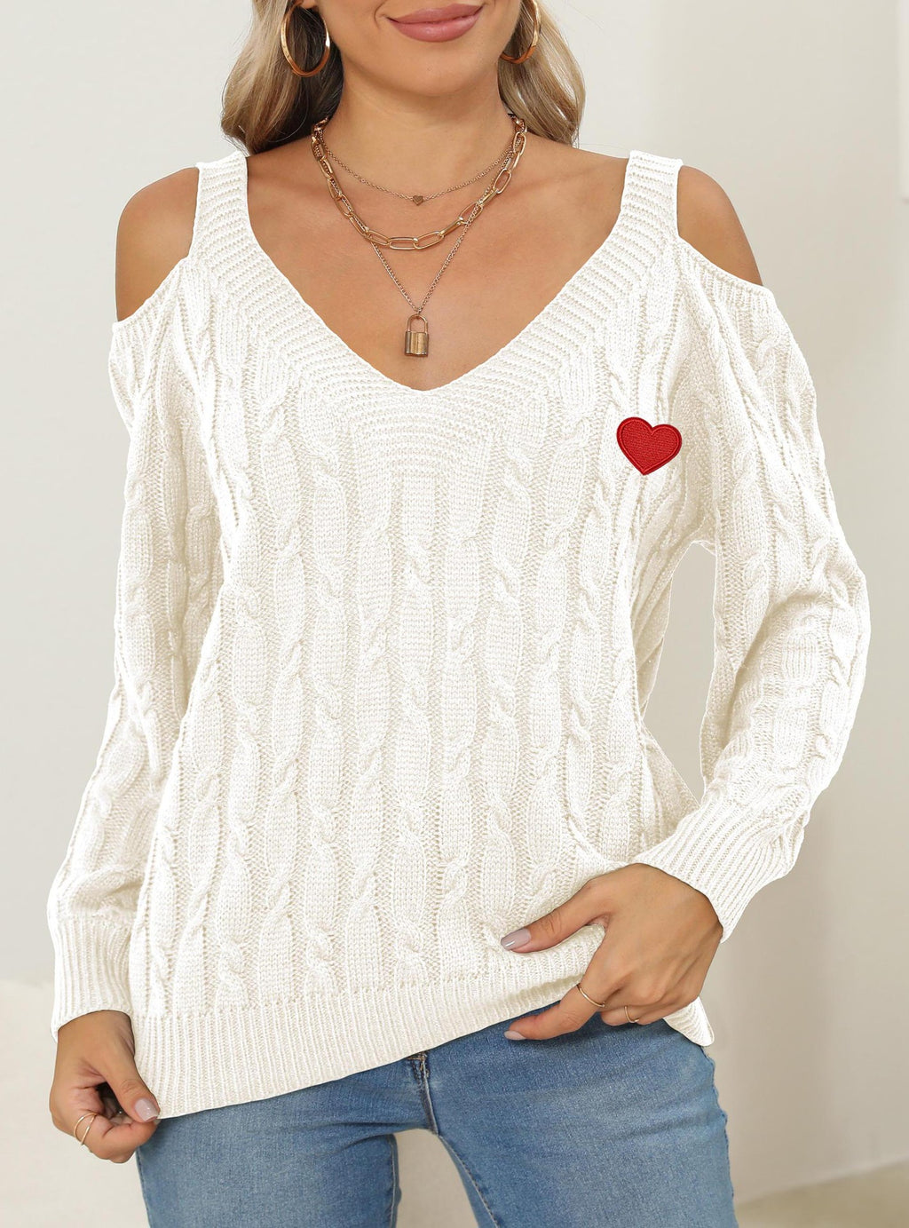Embroidered Heart Cold Shoulder Cable Sweater - Off-White