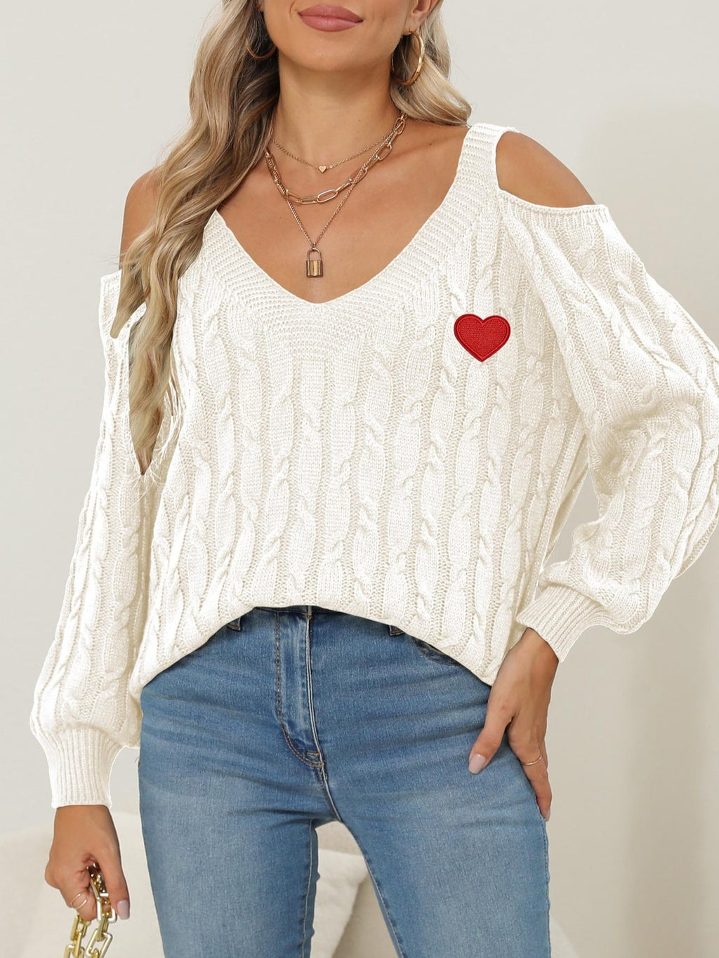 Embroidered Heart Cold Shoulder Cable Sweater - Off-White - 1