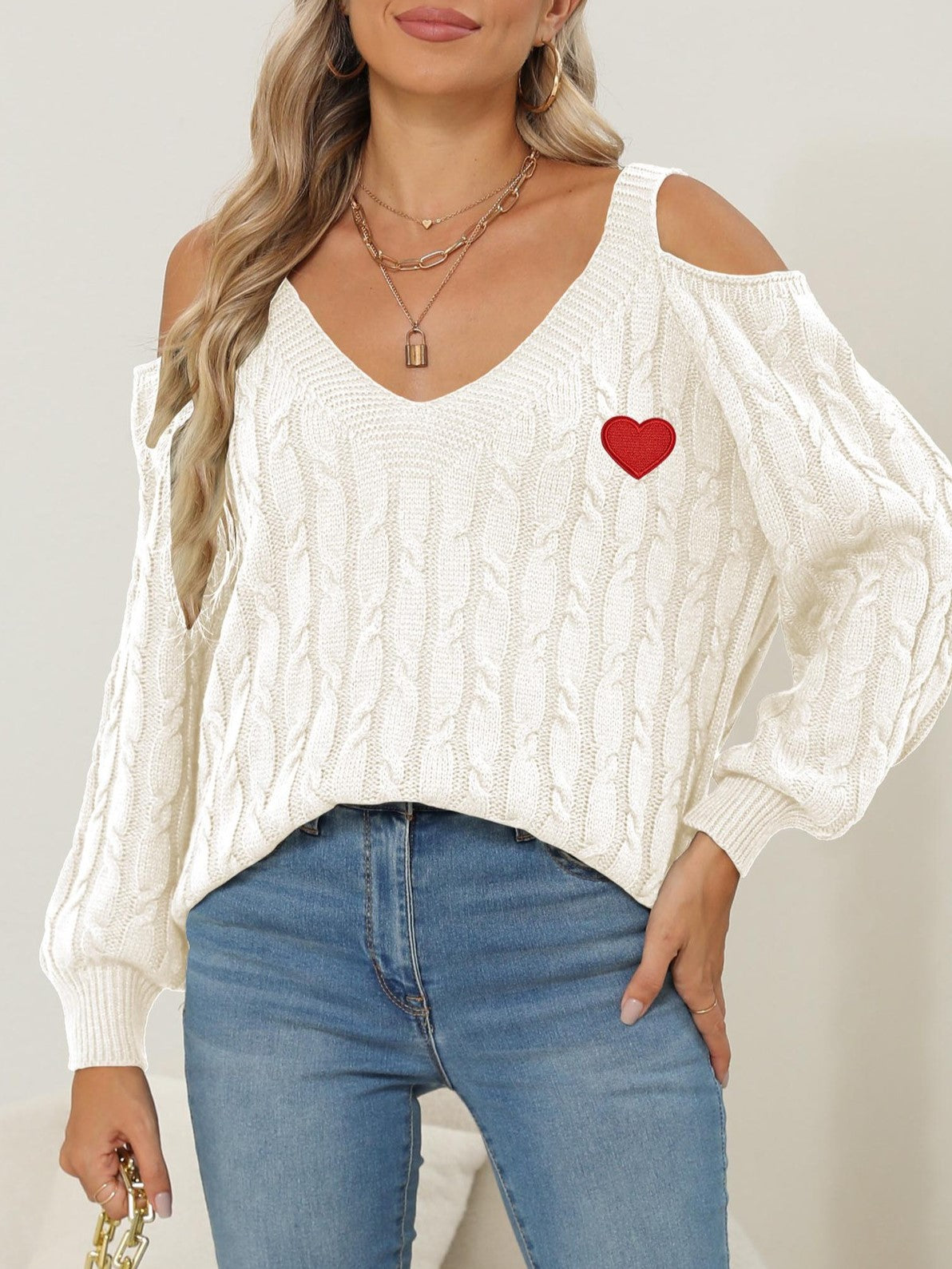 Embroidered Heart Cold Shoulder Cable Sweater - Off-White - 1