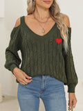Embroidered Heart Cold Shoulder Cable Sweater - Olive
