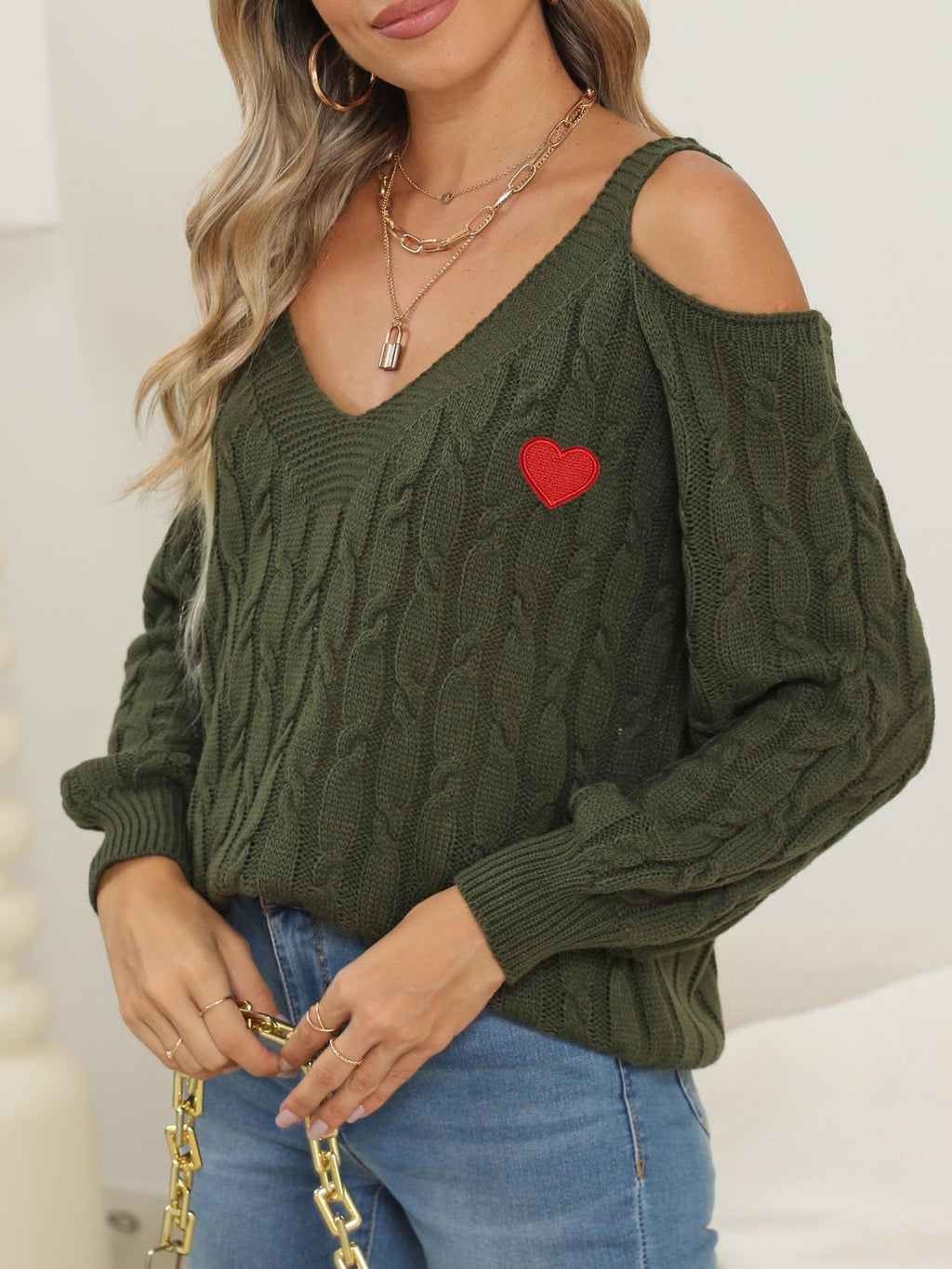 Embroidered Heart Cold Shoulder Cable Sweater - Olive - 1