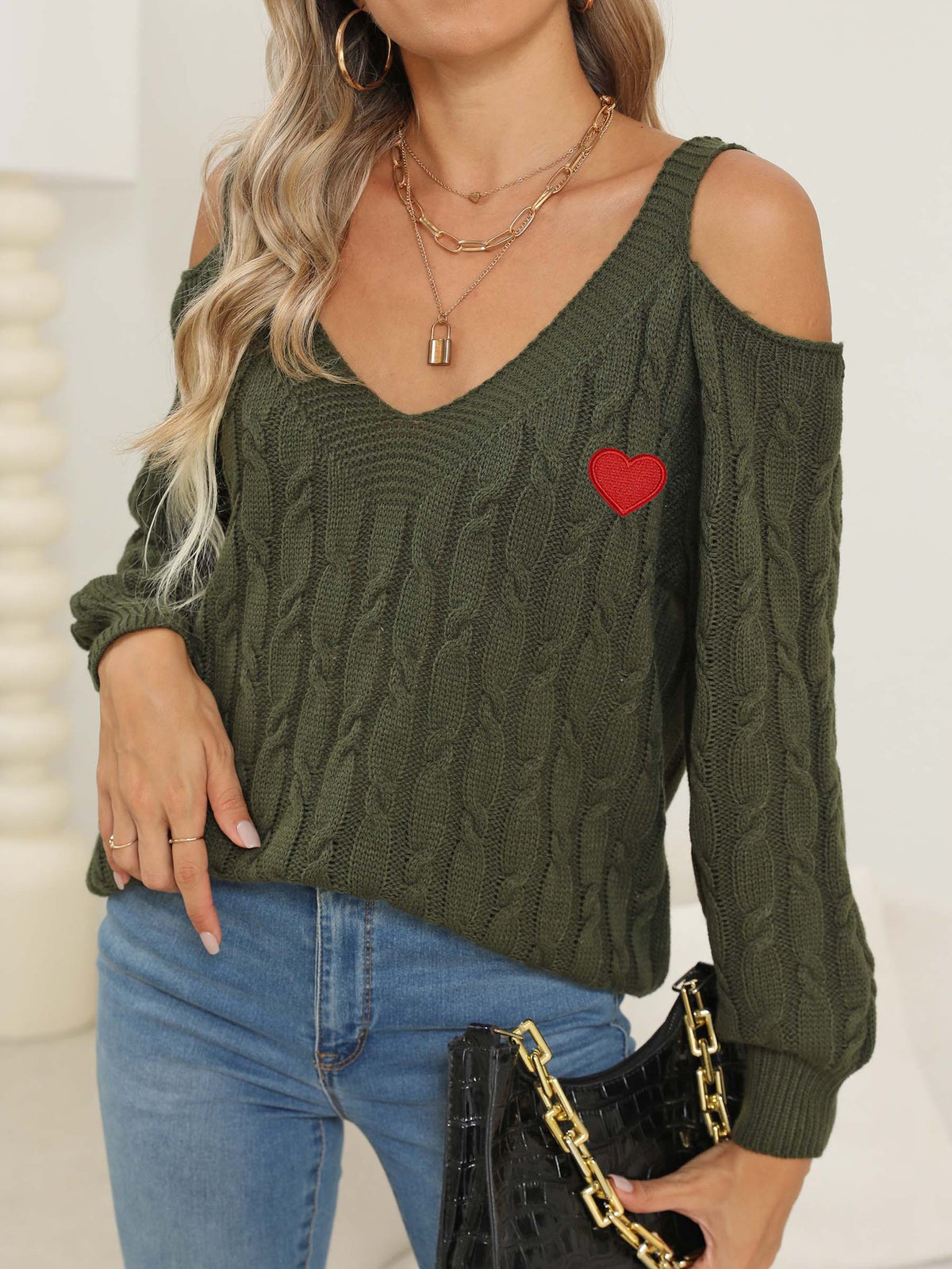 Embroidered Heart Cold Shoulder Cable Sweater - Olive - 2