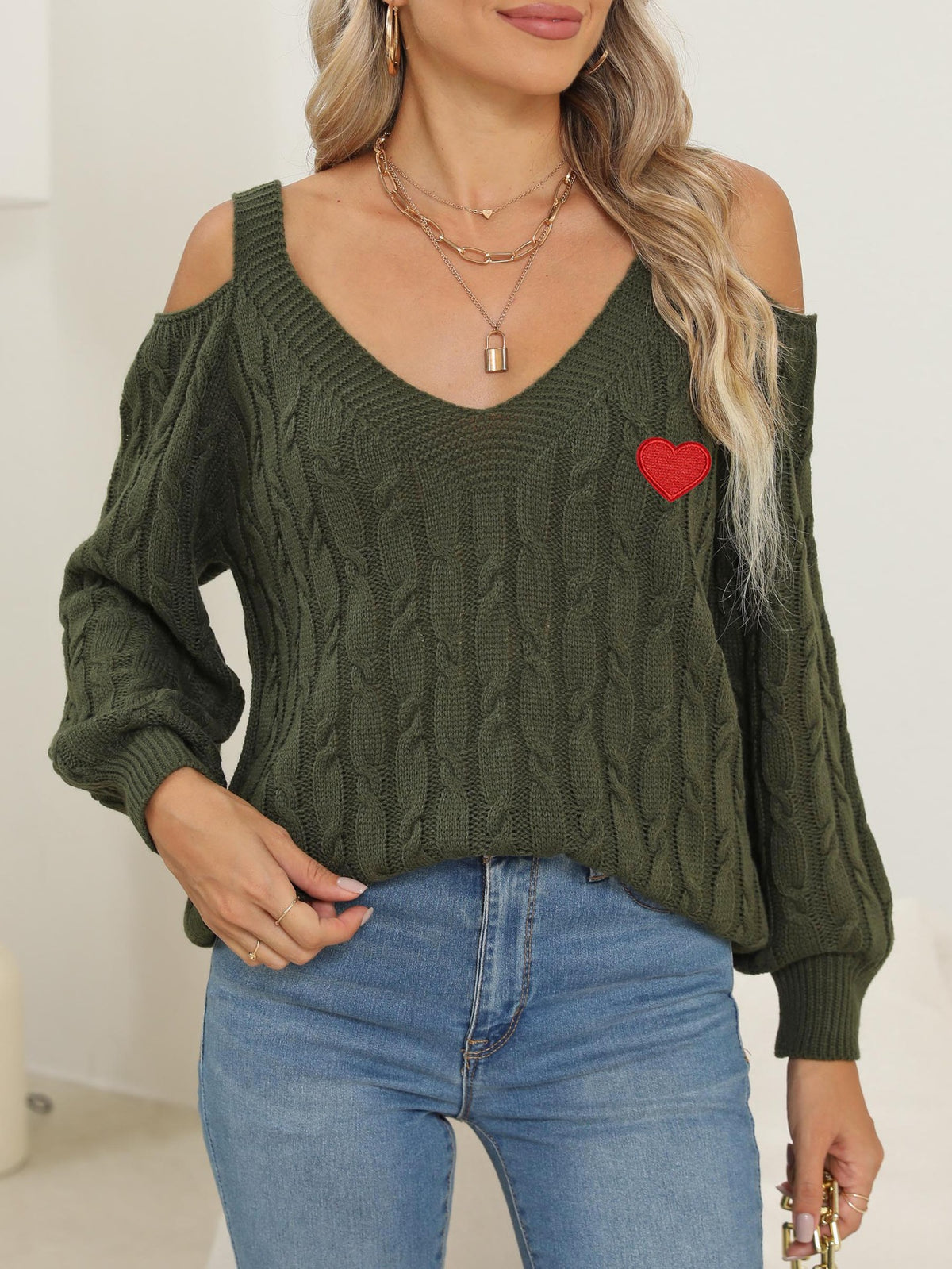 Embroidered Heart Cold Shoulder Cable Sweater - Olive - 5