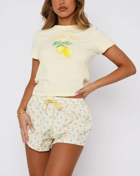 Graphic Tee And Printed Short Lounge Set - Lemon