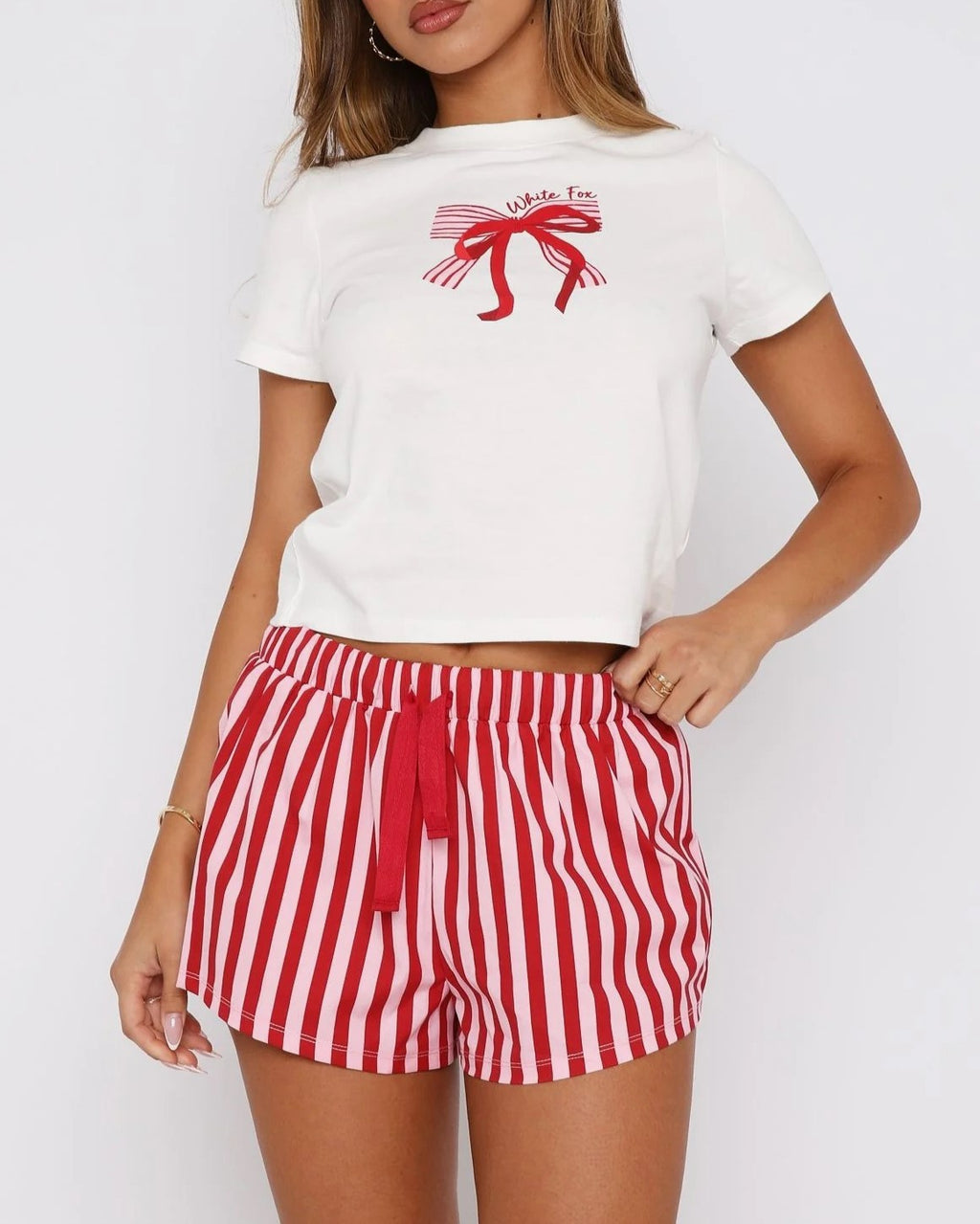 Graphic Tee And Printed Short Lounge Set - Stripe