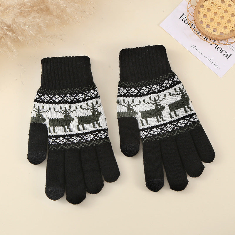 Nordic Deer Fair Isle Knit Gloves - Black