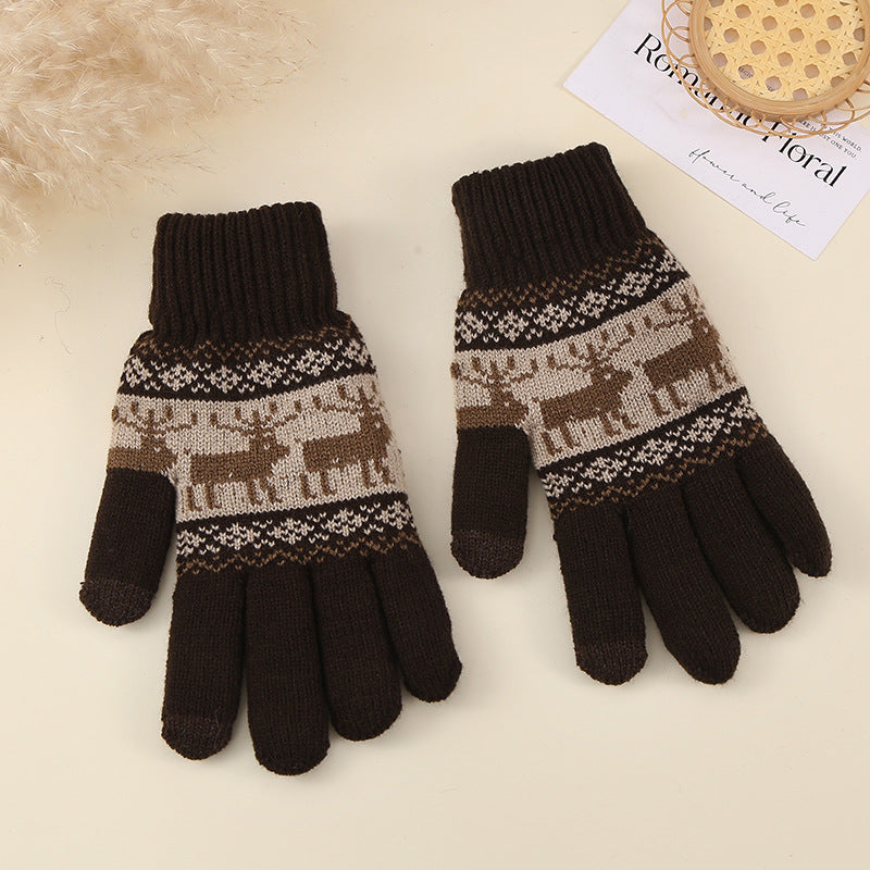 Nordic Deer Fair Isle Knit Gloves - DarkBrown