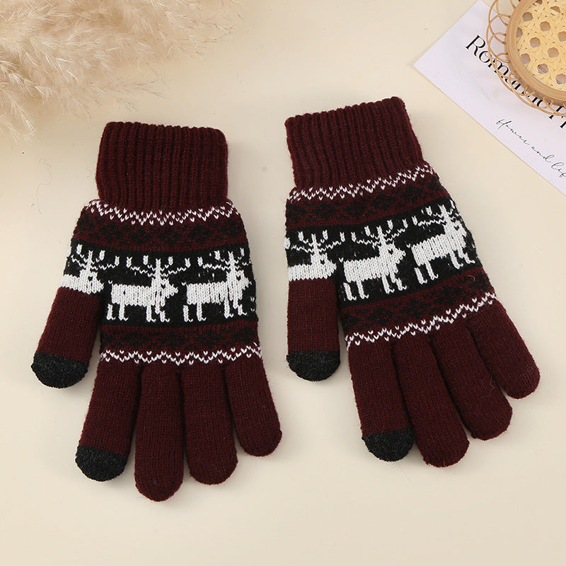 Nordic Deer Fair Isle Knit Gloves - DarkRed