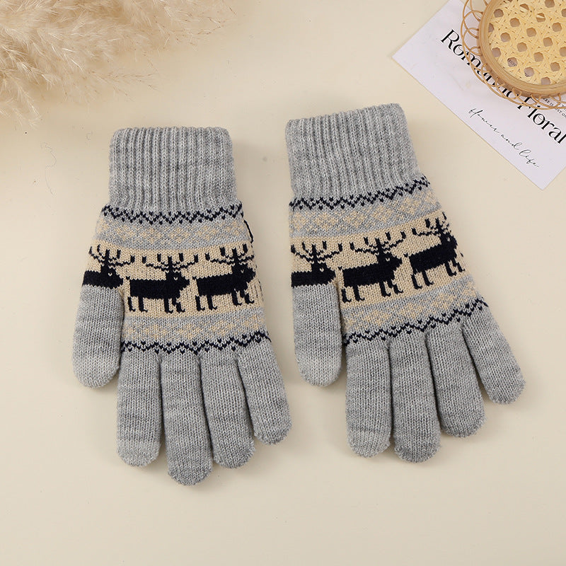 Nordic Deer Fair Isle Knit Gloves - Grey - 1