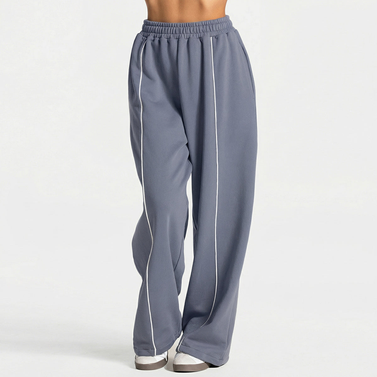 Wide Leg Sweatpants With Contrast Piping - GrayBlue