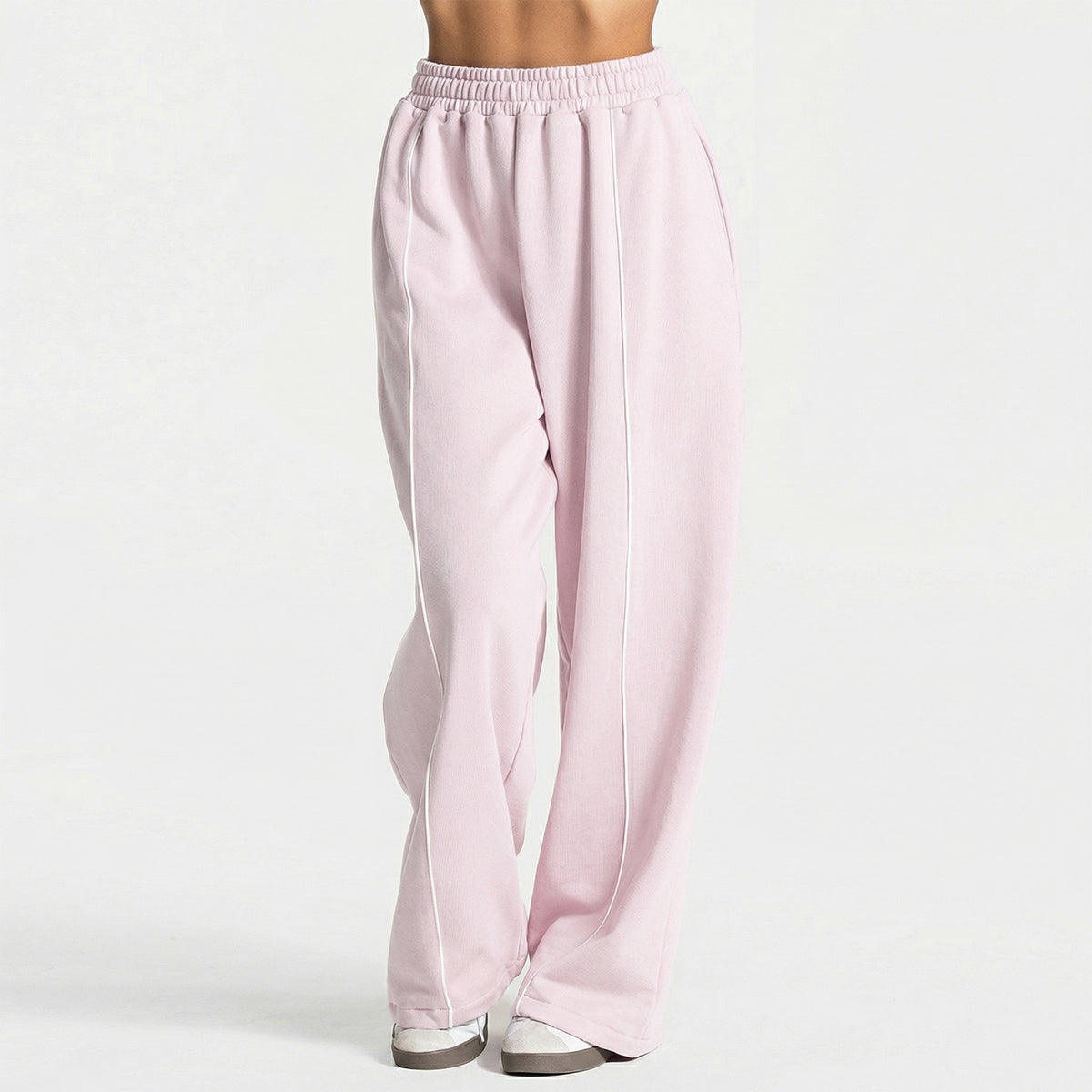 Wide Leg Sweatpants With Contrast Piping - Pink