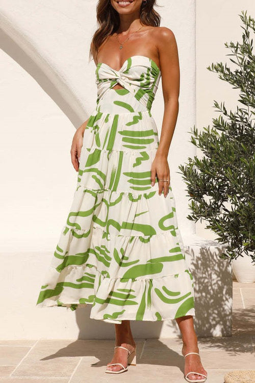 Abstract Brushstroke Print Strapless Midi Dress - Green