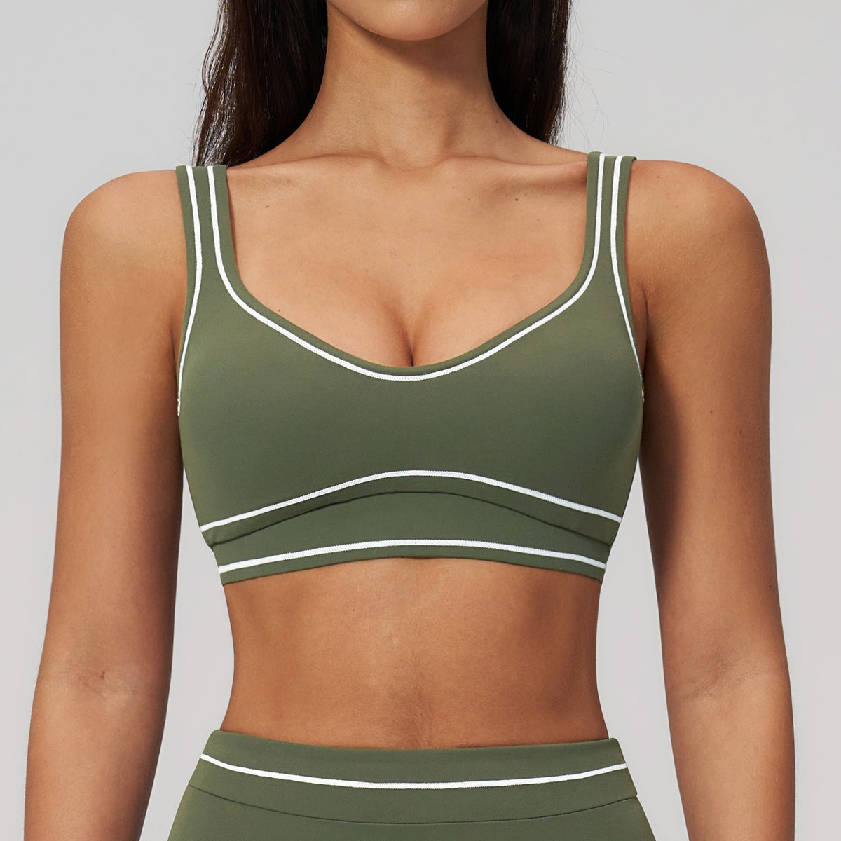 Contrast Piping U-Back Padded Workout Sports Bra - Moss Green