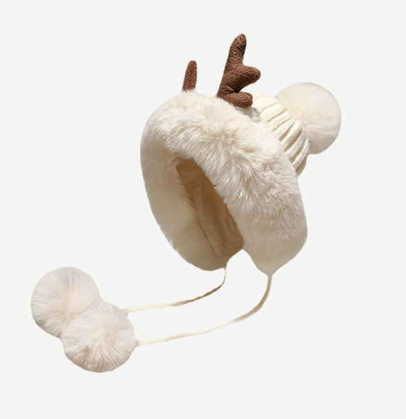 Antler Pom Pom Beanie With Faux Fur Trim - Beige