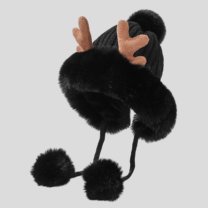 Antler Pom Pom Beanie With Faux Fur Trim - Black