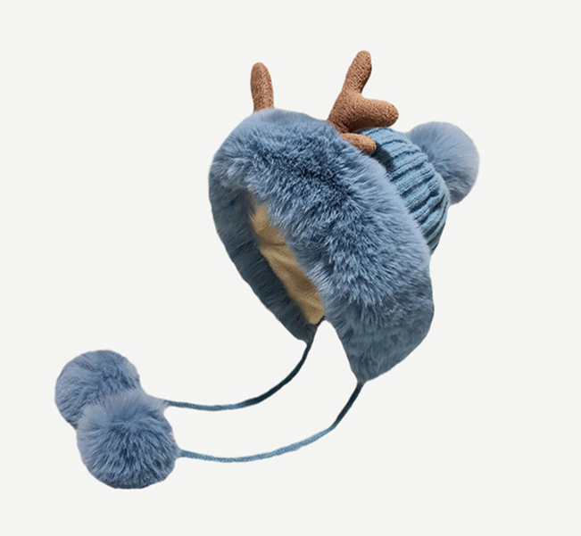 Antler Pom Pom Beanie With Faux Fur Trim - Blue