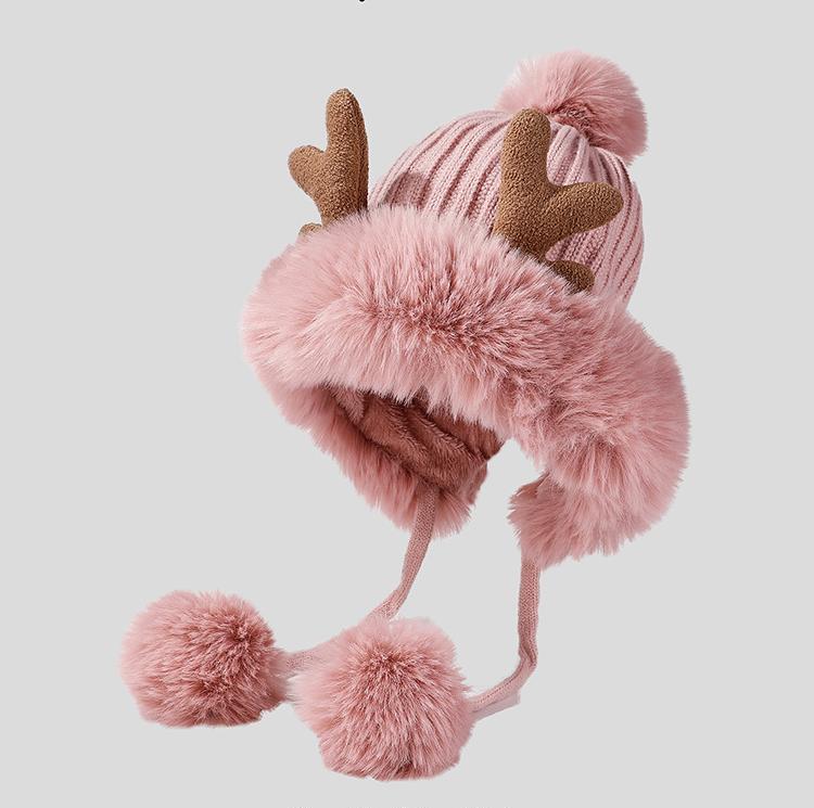 Antler Pom Pom Beanie With Faux Fur Trim - Pink