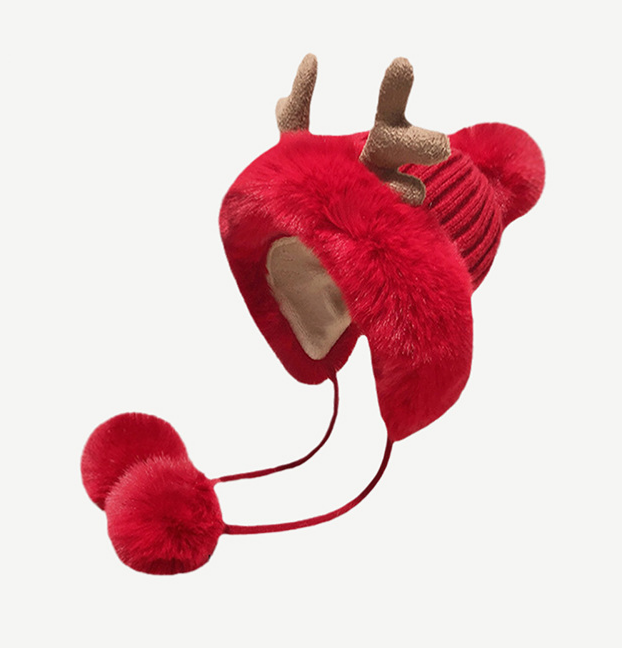 Antler Pom Pom Beanie With Faux Fur Trim - Red