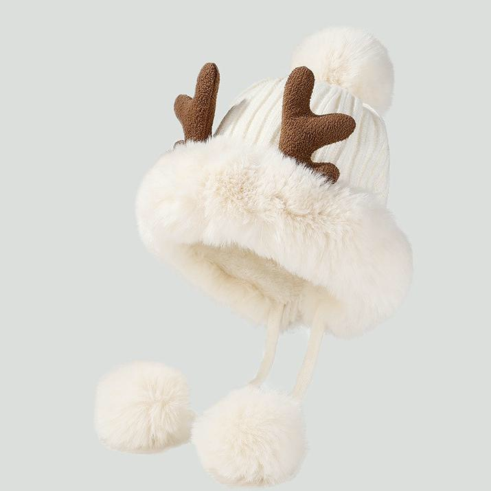 Antler Pom Pom Beanie With Faux Fur Trim - White