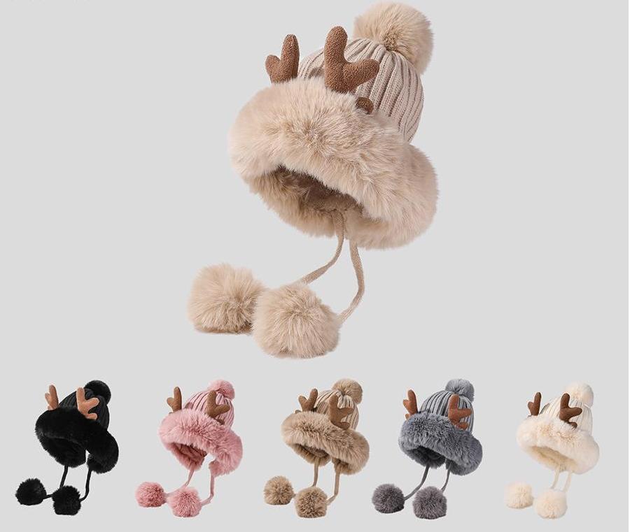 Antler Pom Pom Beanie With Faux Fur Trim - view 1