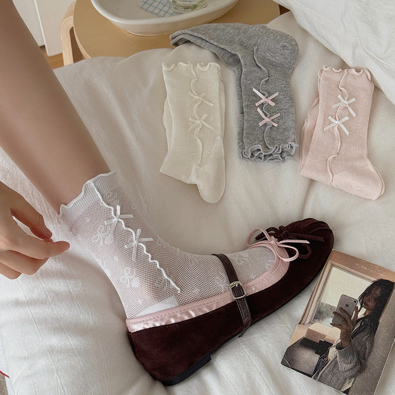 Coquette Mesh Socks With Ballet Bow Cuff - Beige