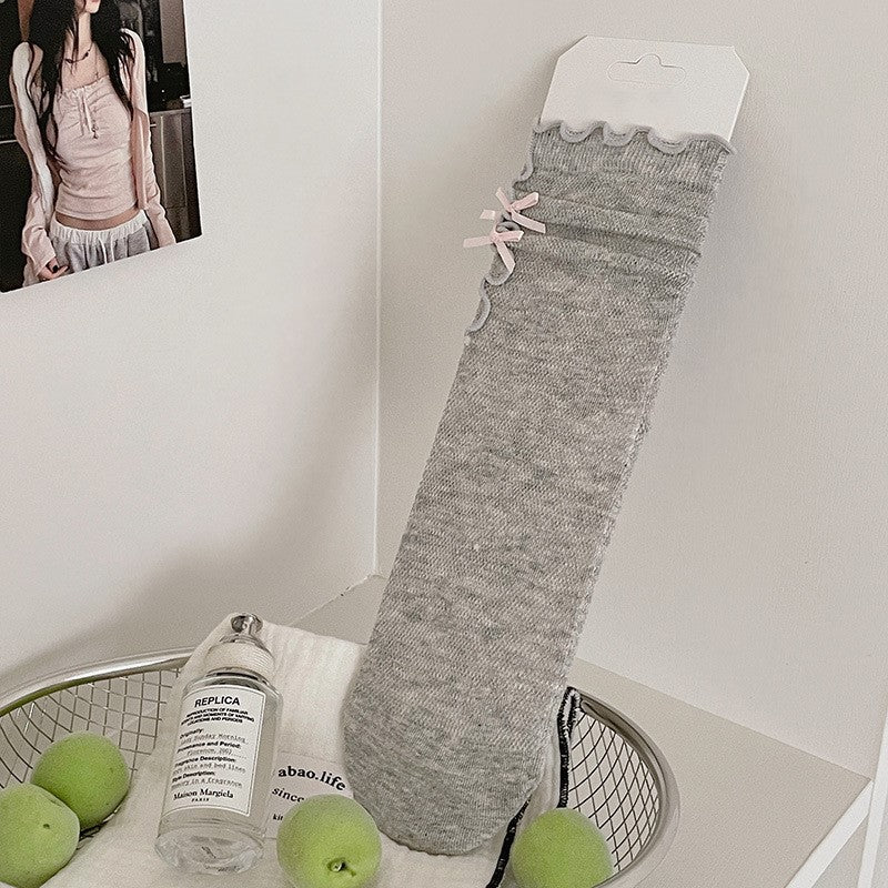 Coquette Mesh Socks With Ballet Bow Cuff - Grey