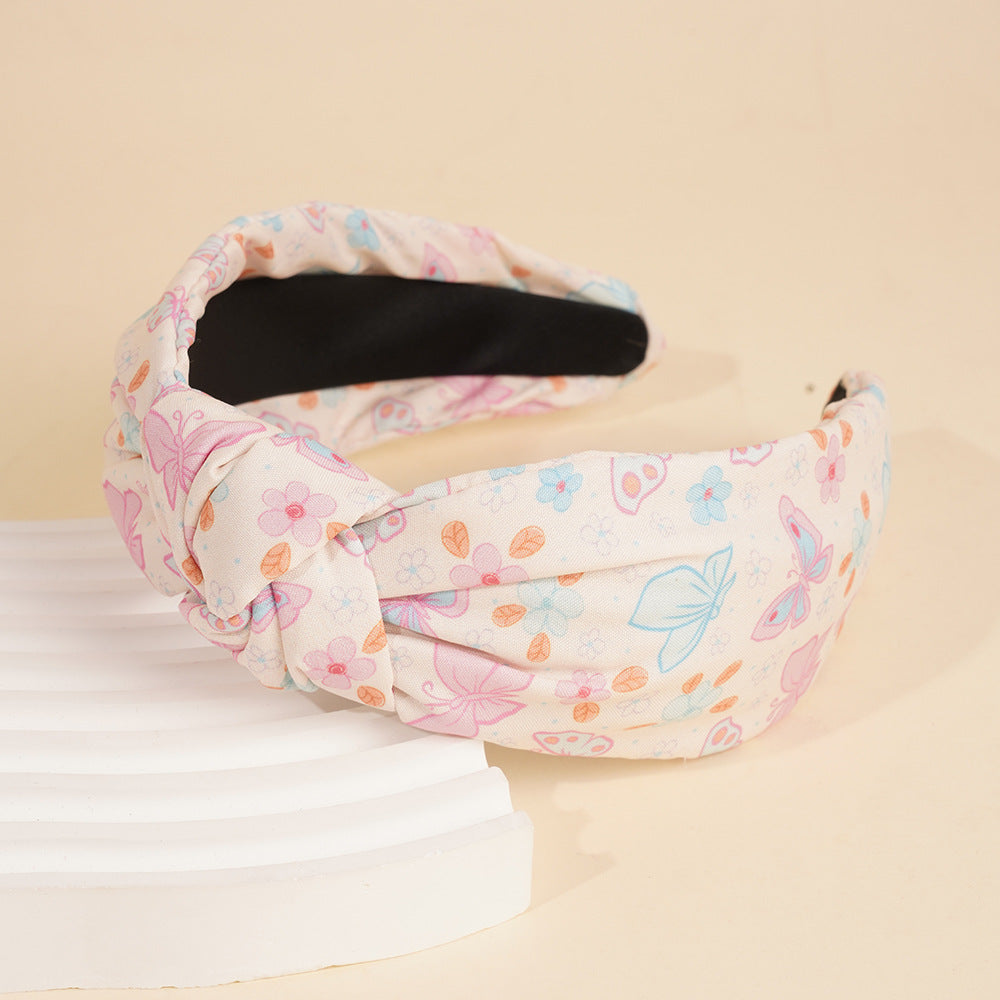 Butterfly Print Wide Knotted Headband - Beige