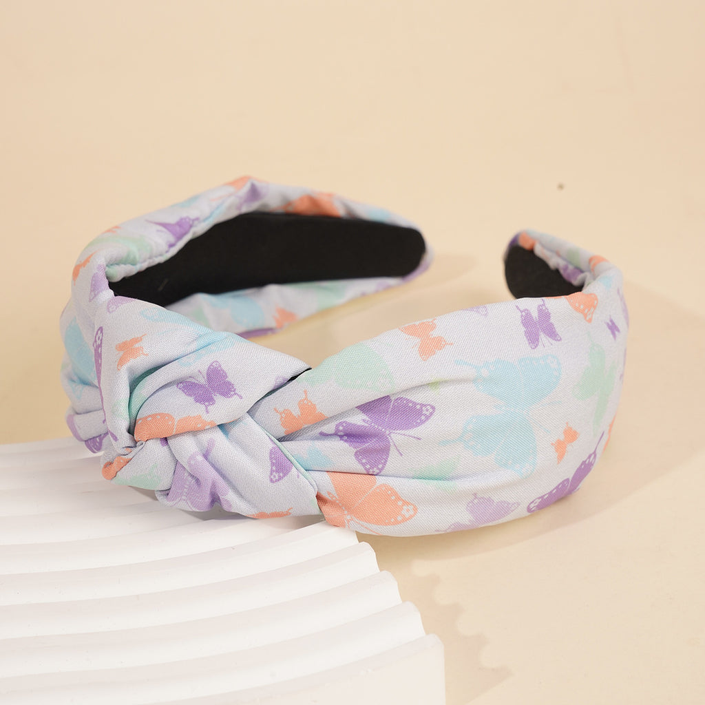 Butterfly Print Wide Knotted Headband - Blue