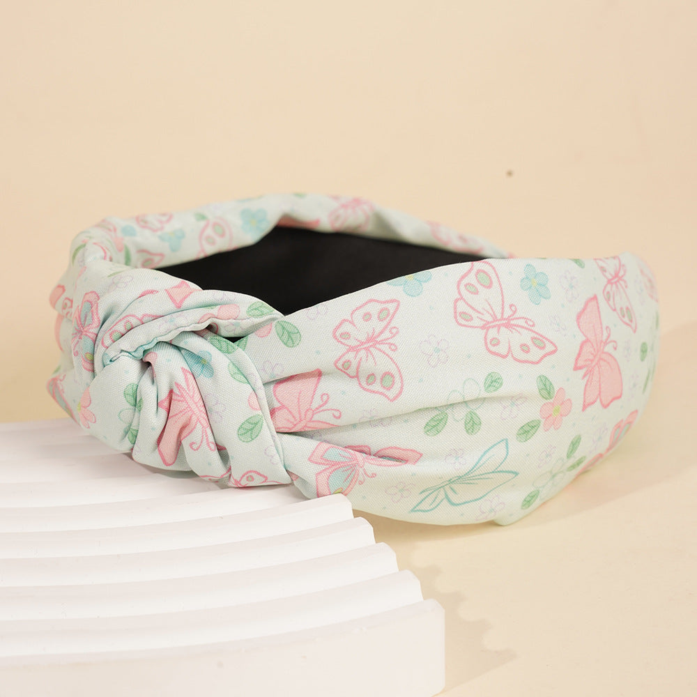 Butterfly Print Wide Knotted Headband - Green