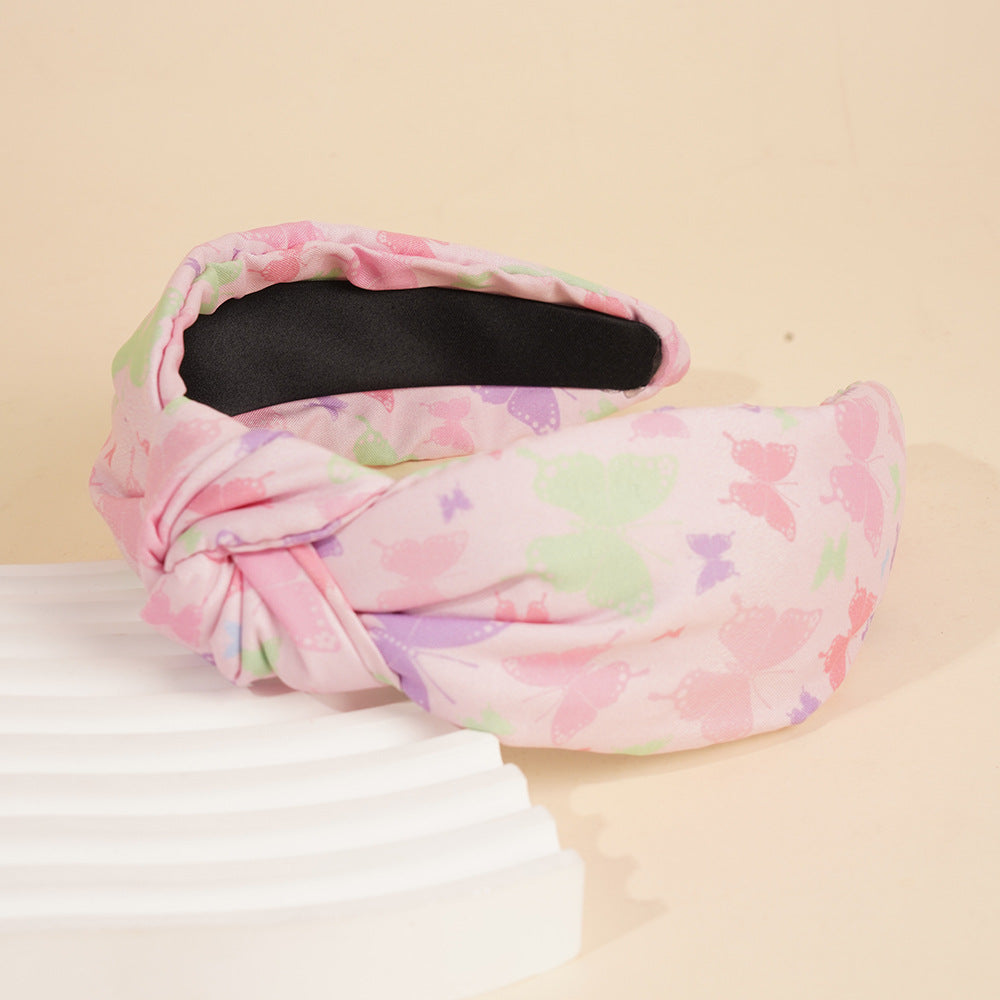 Butterfly Print Wide Knotted Headband - Pink