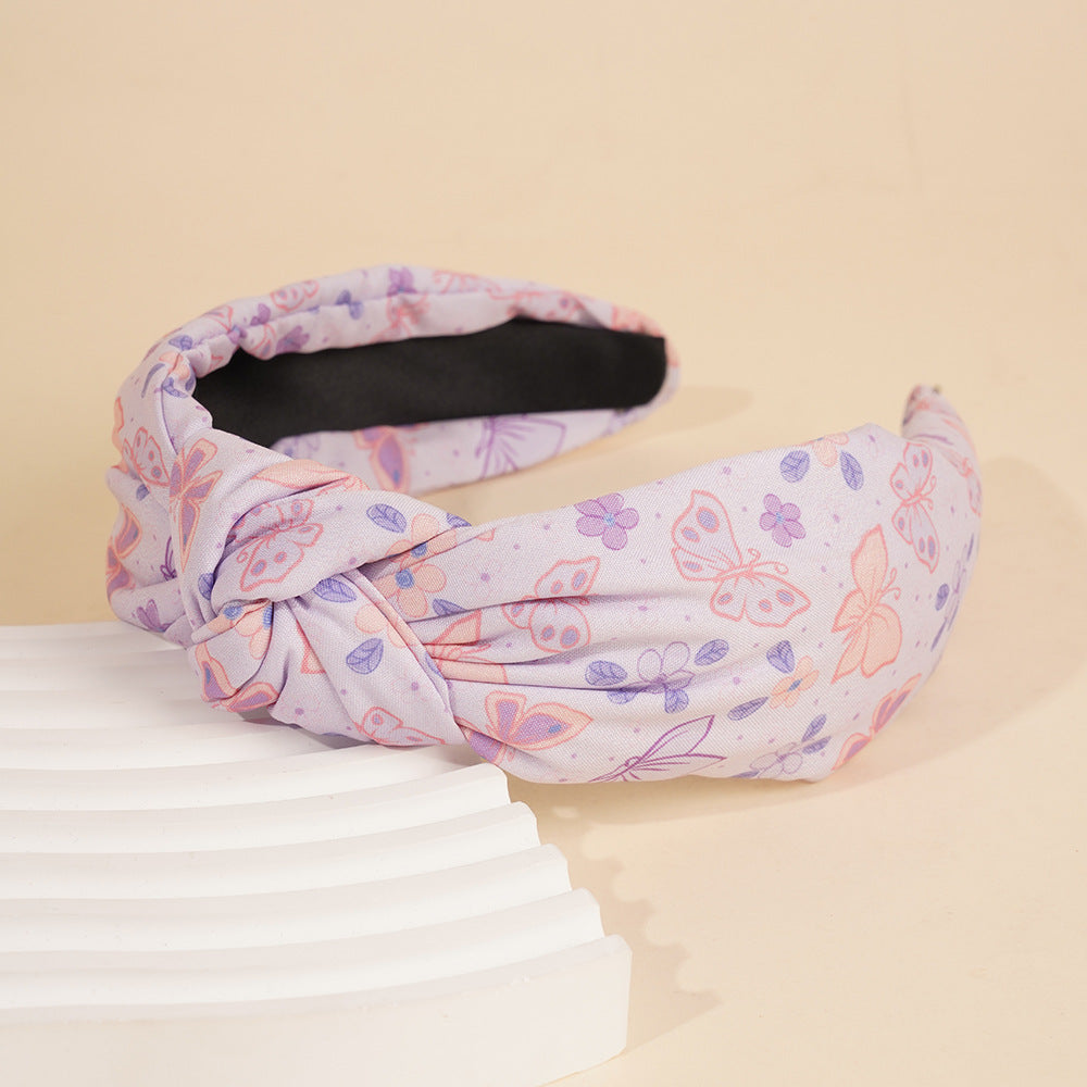 Butterfly Print Wide Knotted Headband - Purple