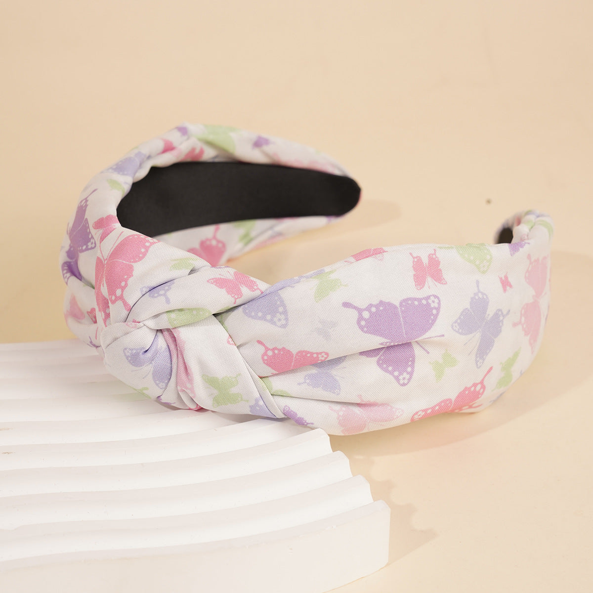Butterfly Print Wide Knotted Headband - White