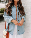 Oversized Button Up Denim Shirt Jacket - LightBlue