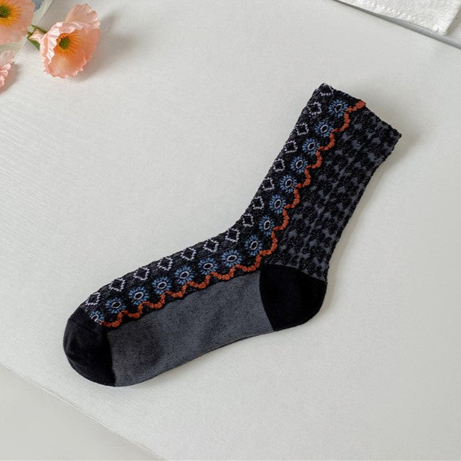 Folk Wave Stripe Cotton Crew Socks - Black