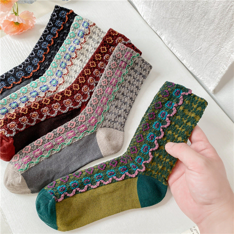 Folk Wave Stripe Cotton Crew Socks - BrickRed