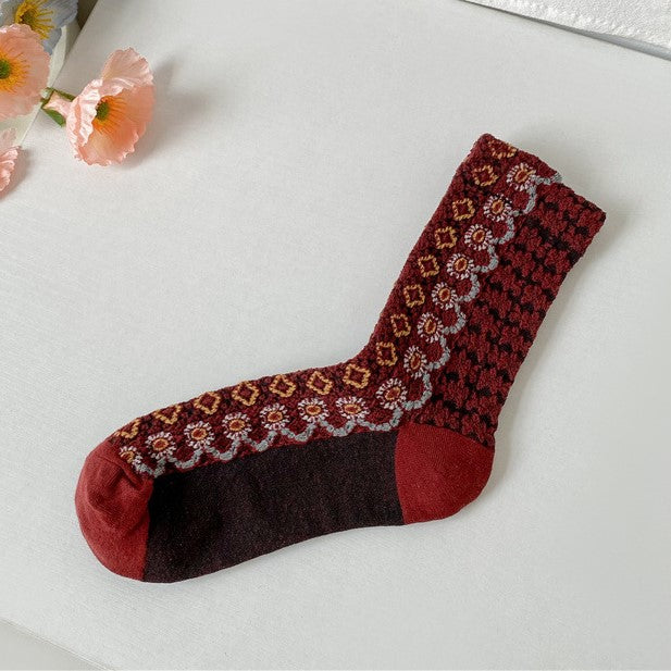 Folk Wave Stripe Cotton Crew Socks - BrickRed - 1