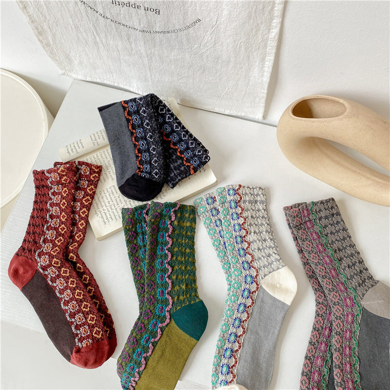 Folk Wave Stripe Cotton Crew Socks - BrickRed - 3