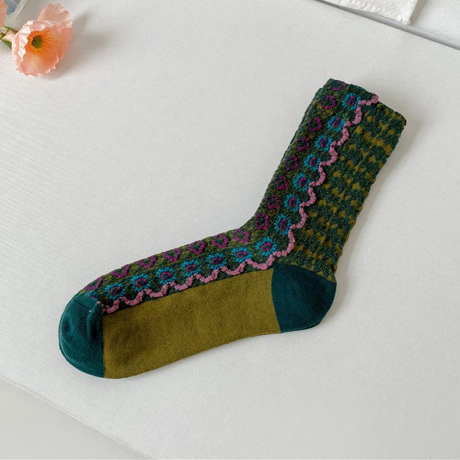 Folk Wave Stripe Cotton Crew Socks - Green
