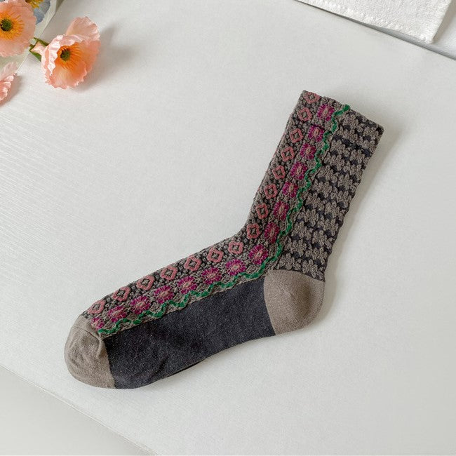 Folk Wave Stripe Cotton Crew Socks - Grey