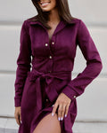 Belted Corduroy Mini Shirt Dress - Red